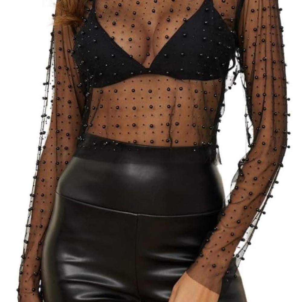 Black Sheer Embellished Long Sleeve Blouse